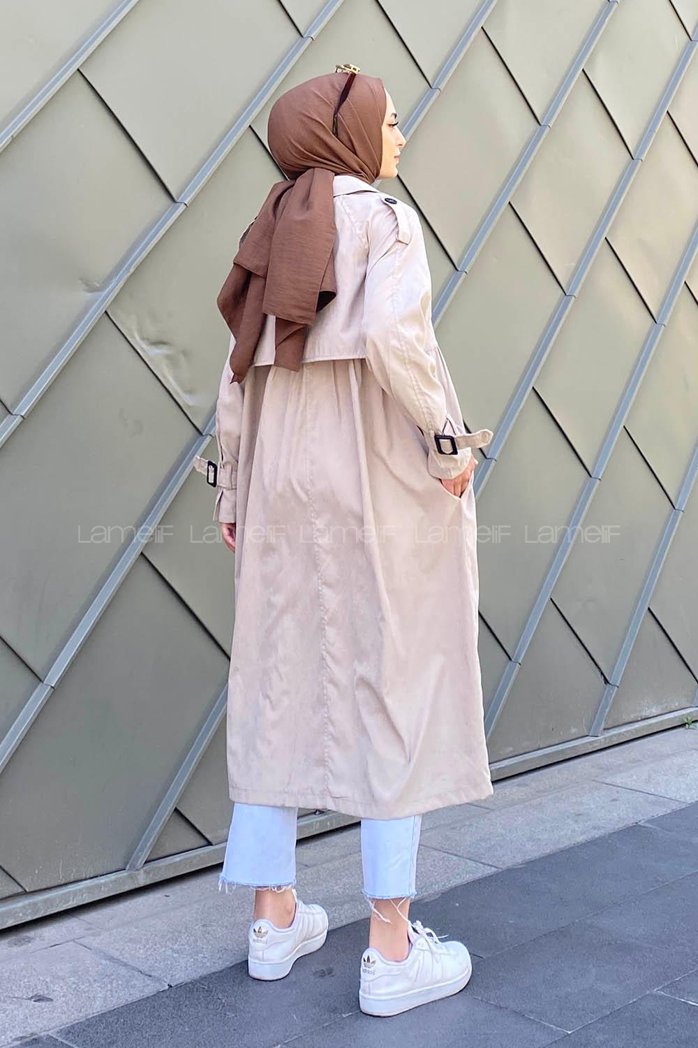 Stone Long Arm Belted Gabardin Trench Coat