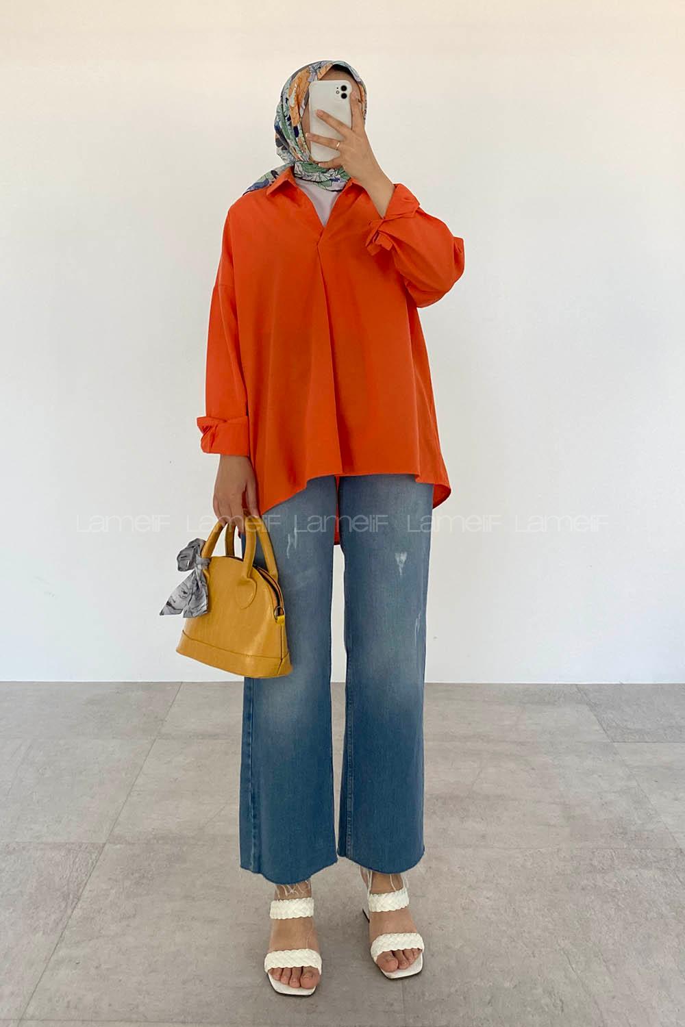Orange V Neck Bat Sleeve Arm Cotton Unprinted Shirt