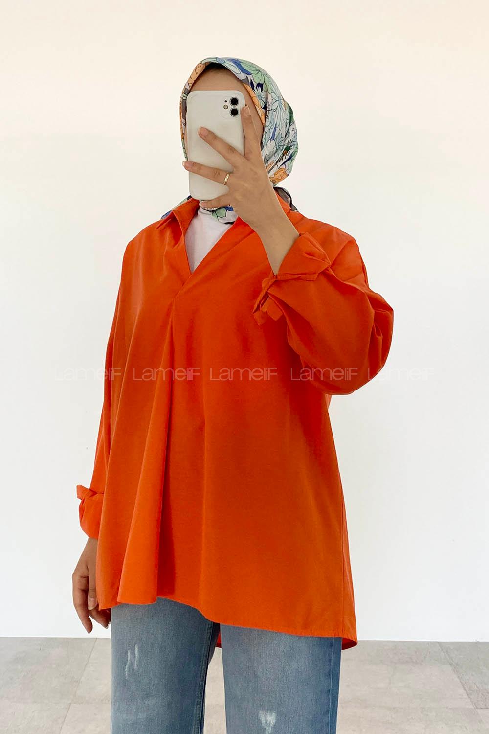 Orange V Neck Bat Sleeve Arm Cotton Unprinted Shirt