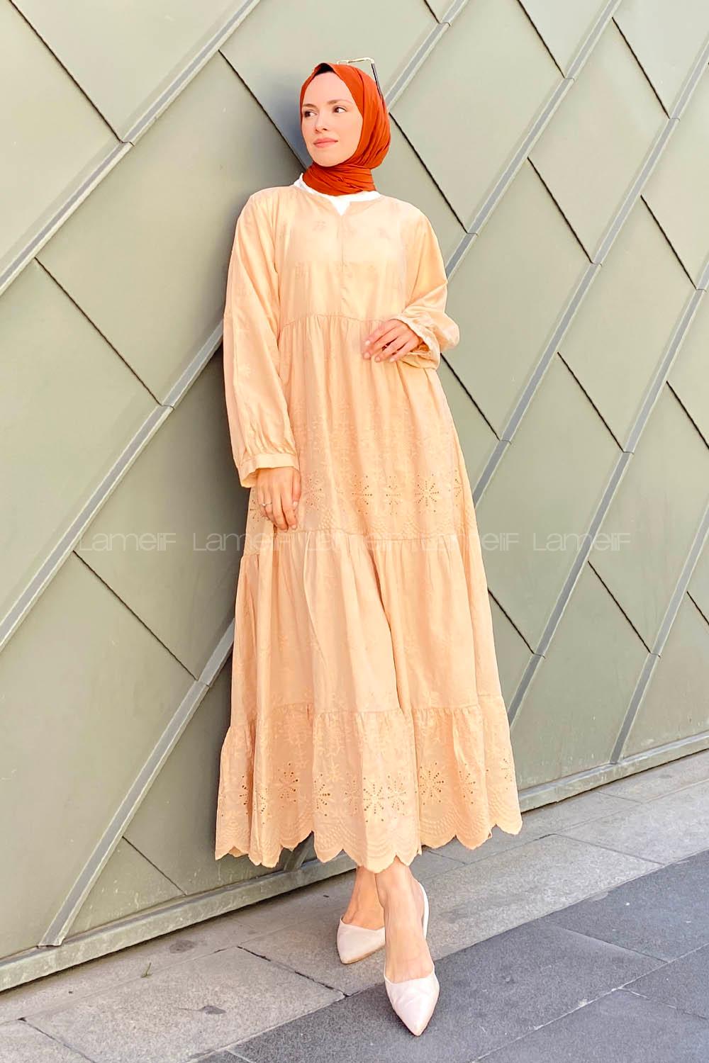 Beige V Neck Cotton Printed Dresess