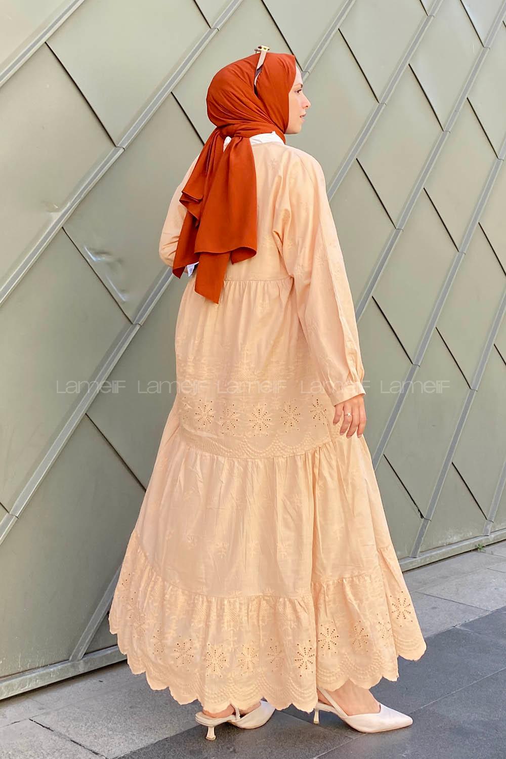 Beige V Neck Cotton Printed Dresess