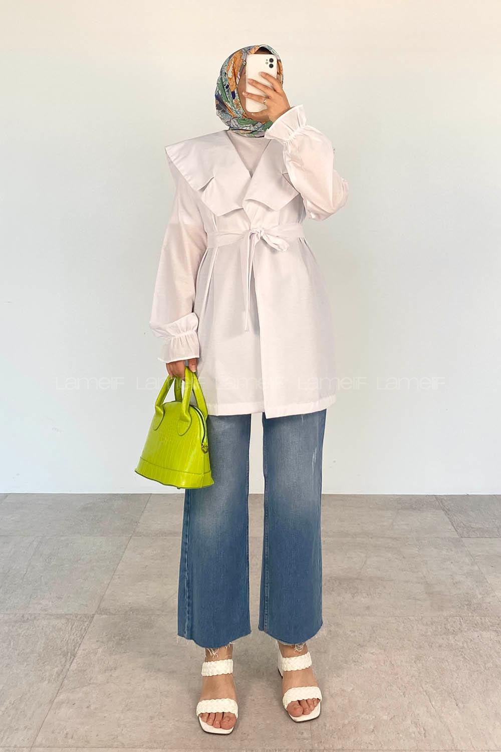 White Long Arm Belted Cotton Straight Kimono