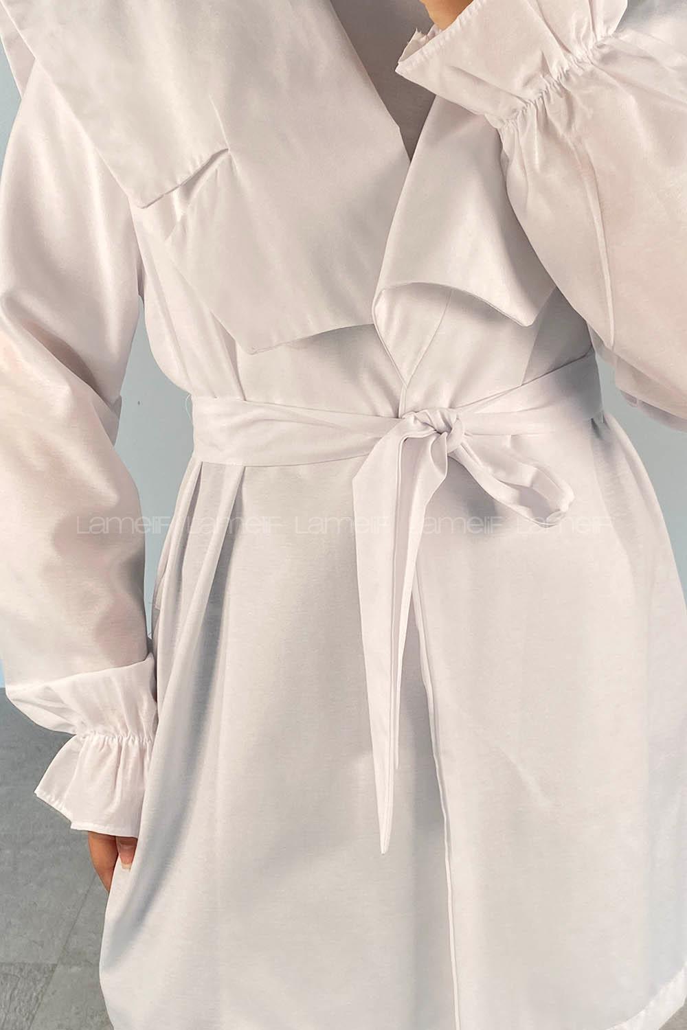 White Long Arm Belted Cotton Straight Kimono