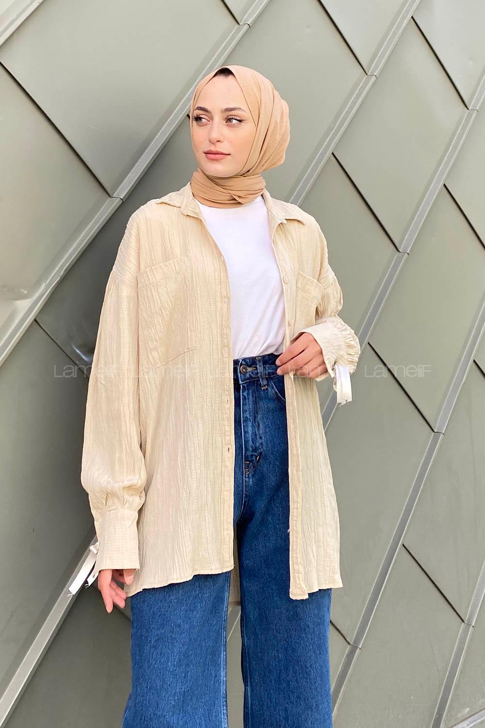 Beige Shirt Collar Long Arm Cotton Printed Shirt