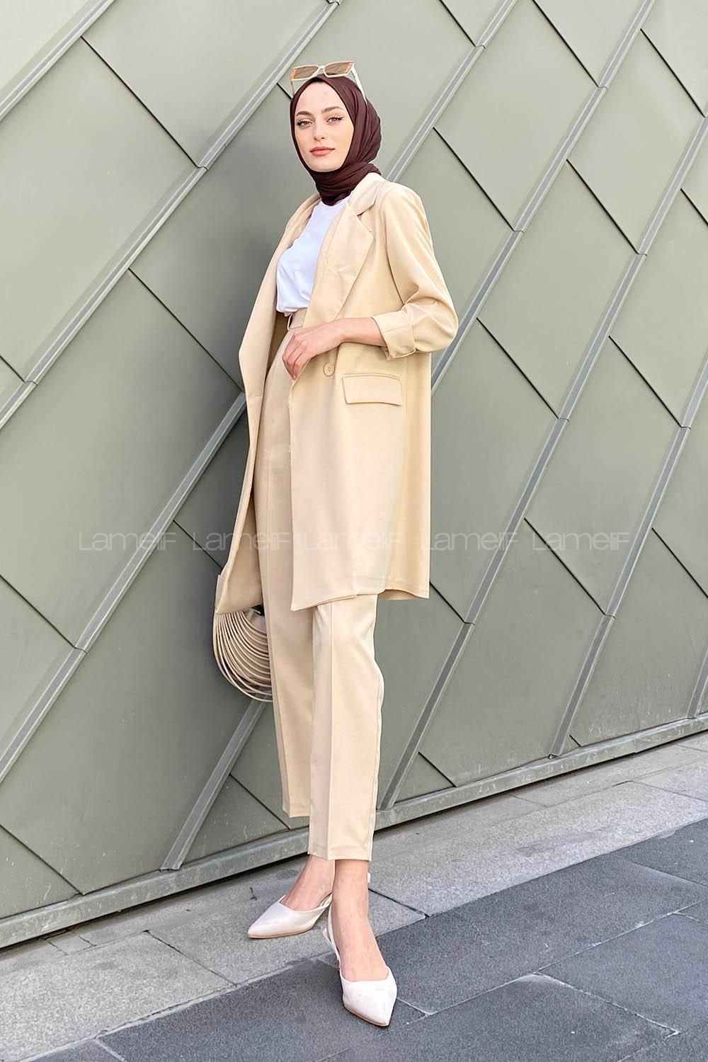 Beige V Neck Long Arm Buttoned Viscose Fabric Regular Trousers Material Suit