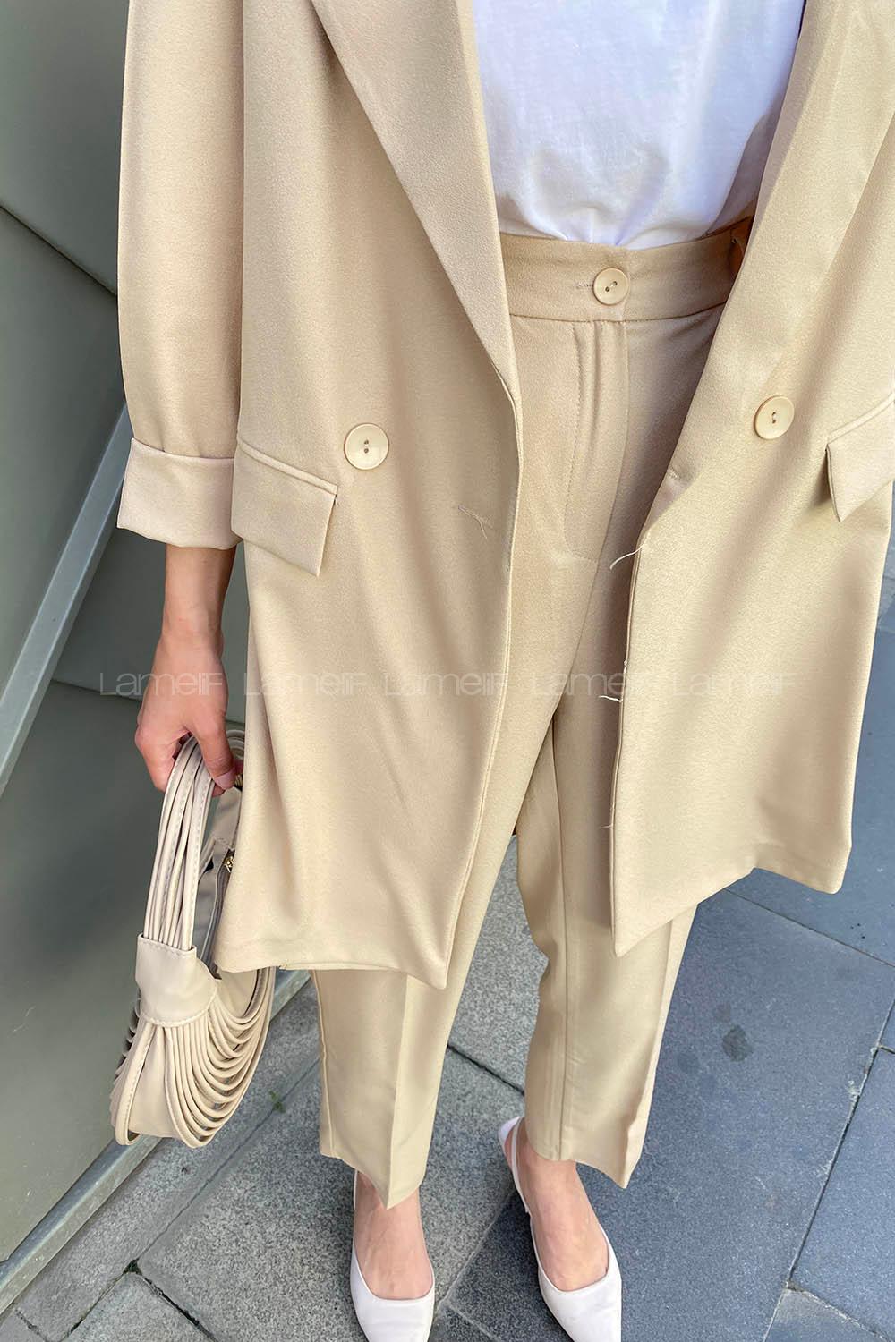 Beige V Neck Long Arm Buttoned Viscose Fabric Regular Trousers Material Suit