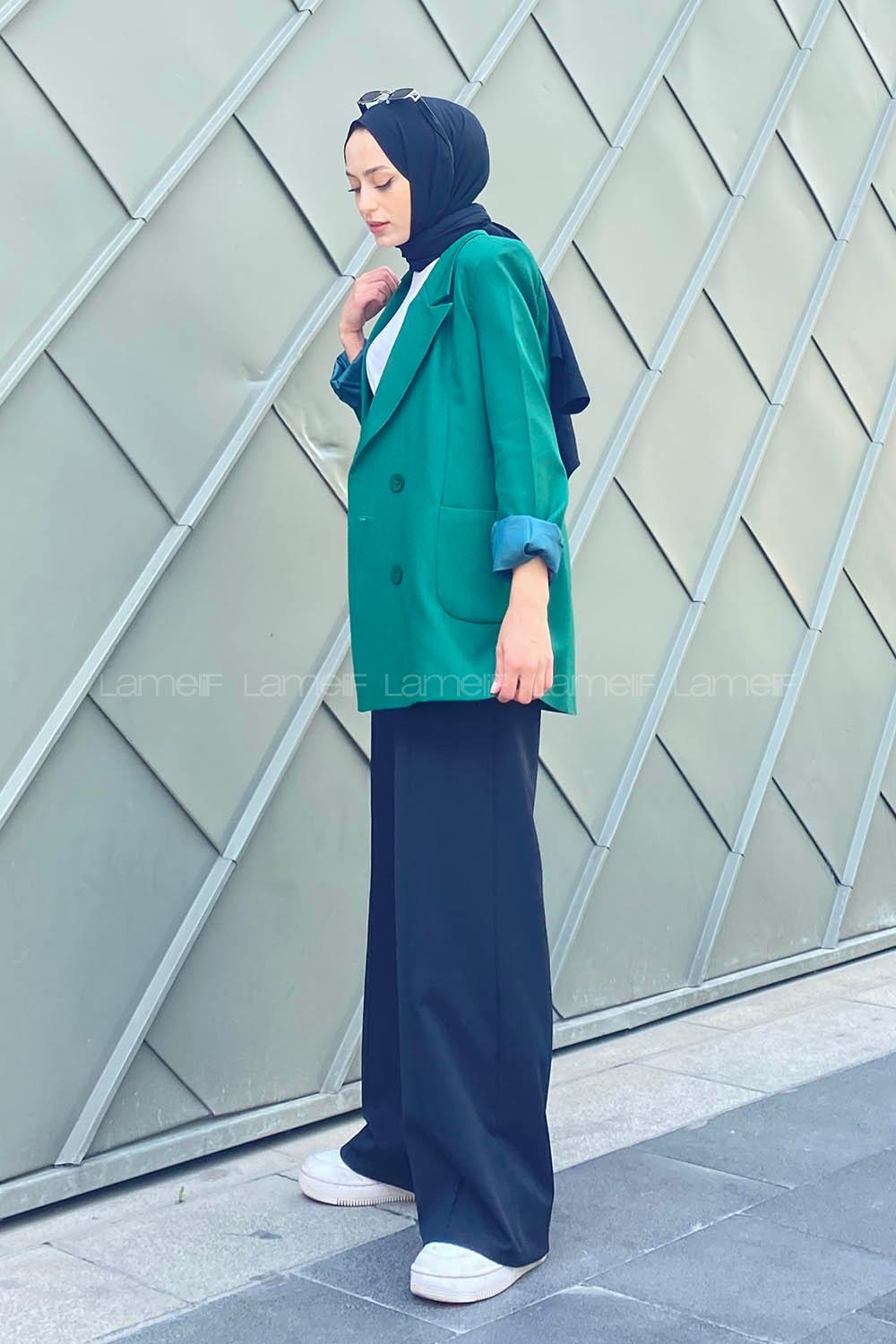 Emerald Green V Neck Long Arm Viscose Fabric Jacket