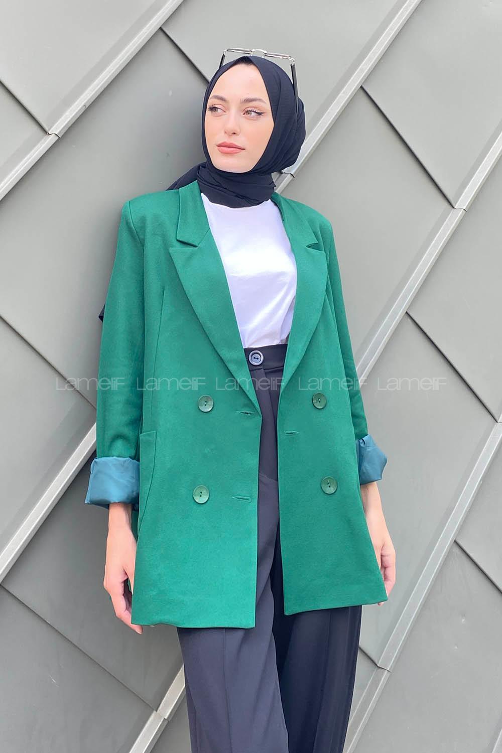 Emerald Green V Neck Long Arm Viscose Fabric Jacket