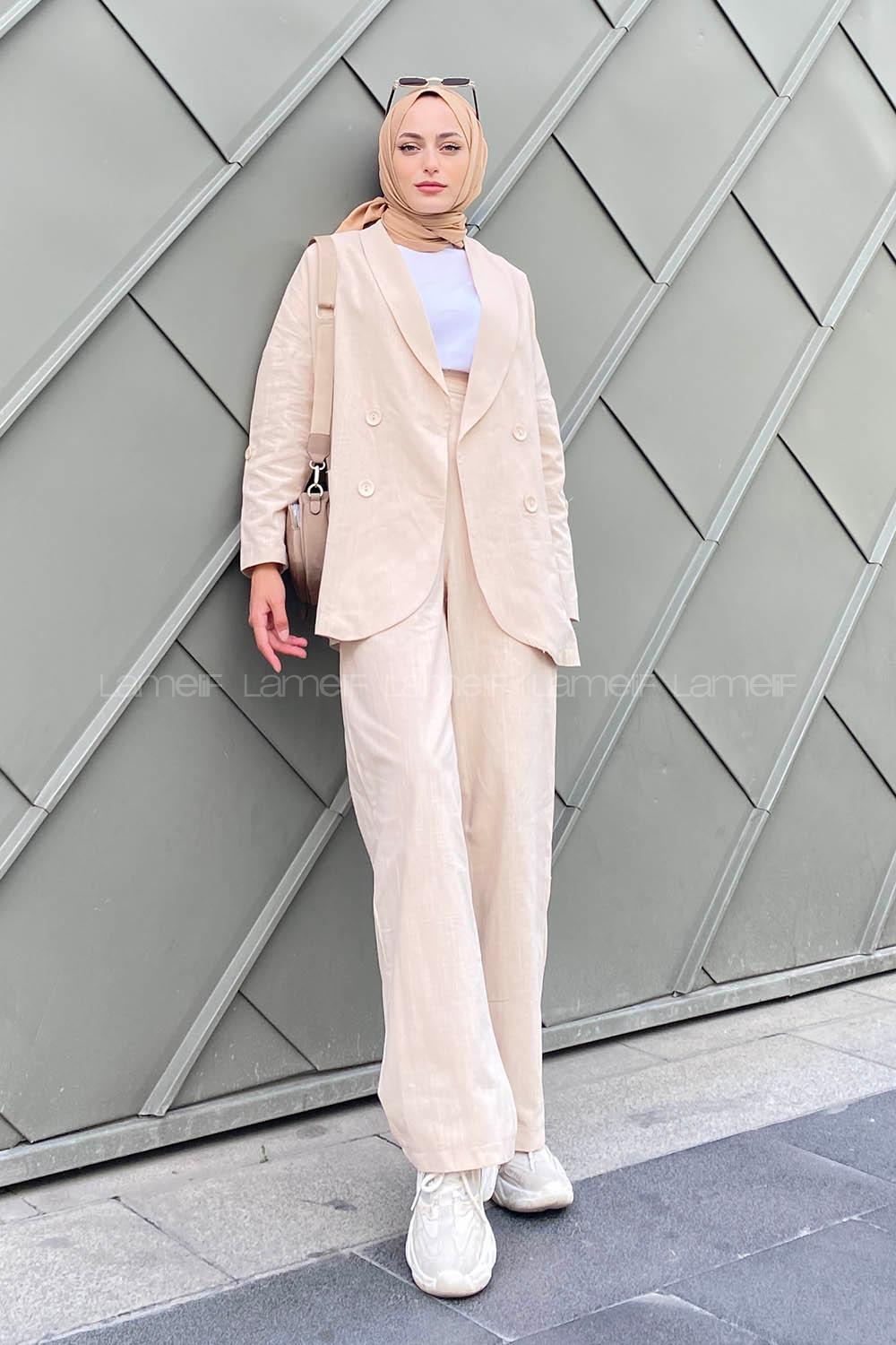 Beige Scoop Neck Long Arm Buttoned Linen Regular Trousers Linen Suit
