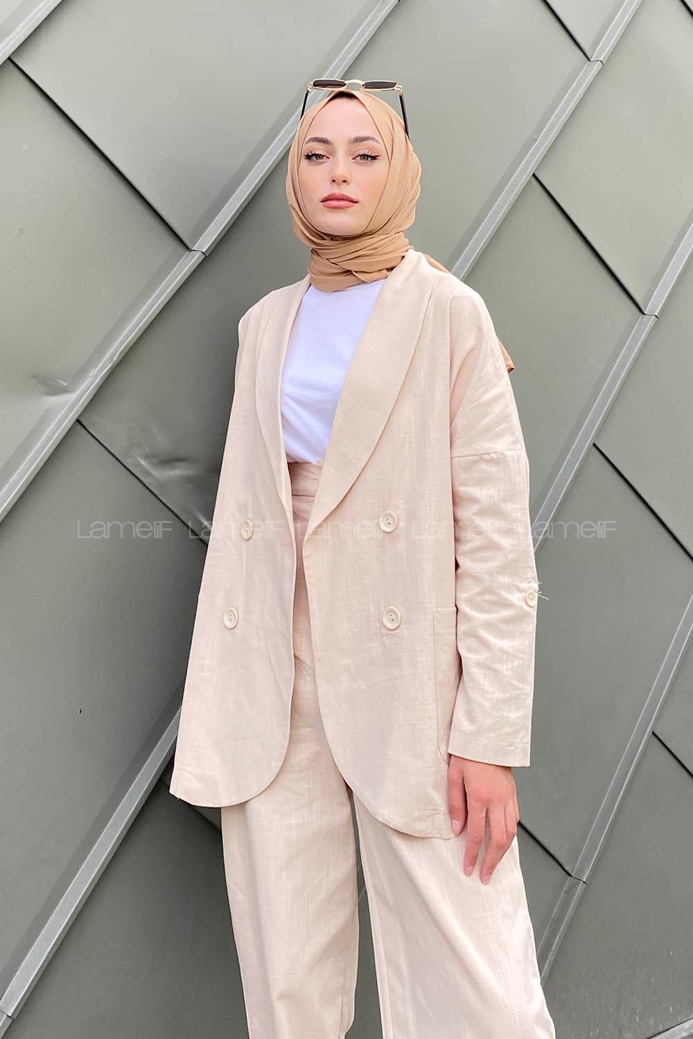 Beige Scoop Neck Long Arm Buttoned Linen Regular Trousers Linen Suit