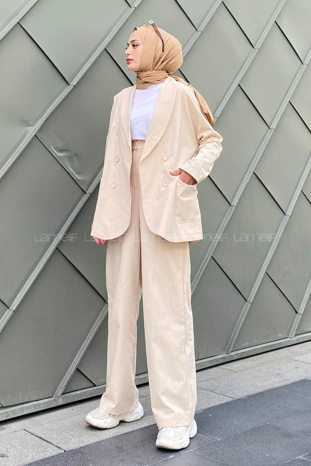 Beige Scoop Neck Long Arm Buttoned Linen Regular Trousers Linen Suit