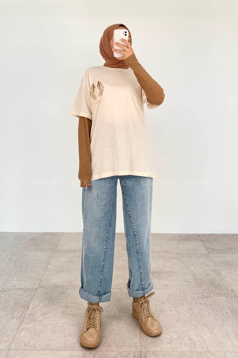 Cream Crew Neck Short Arm Cotton Printed T-shirt