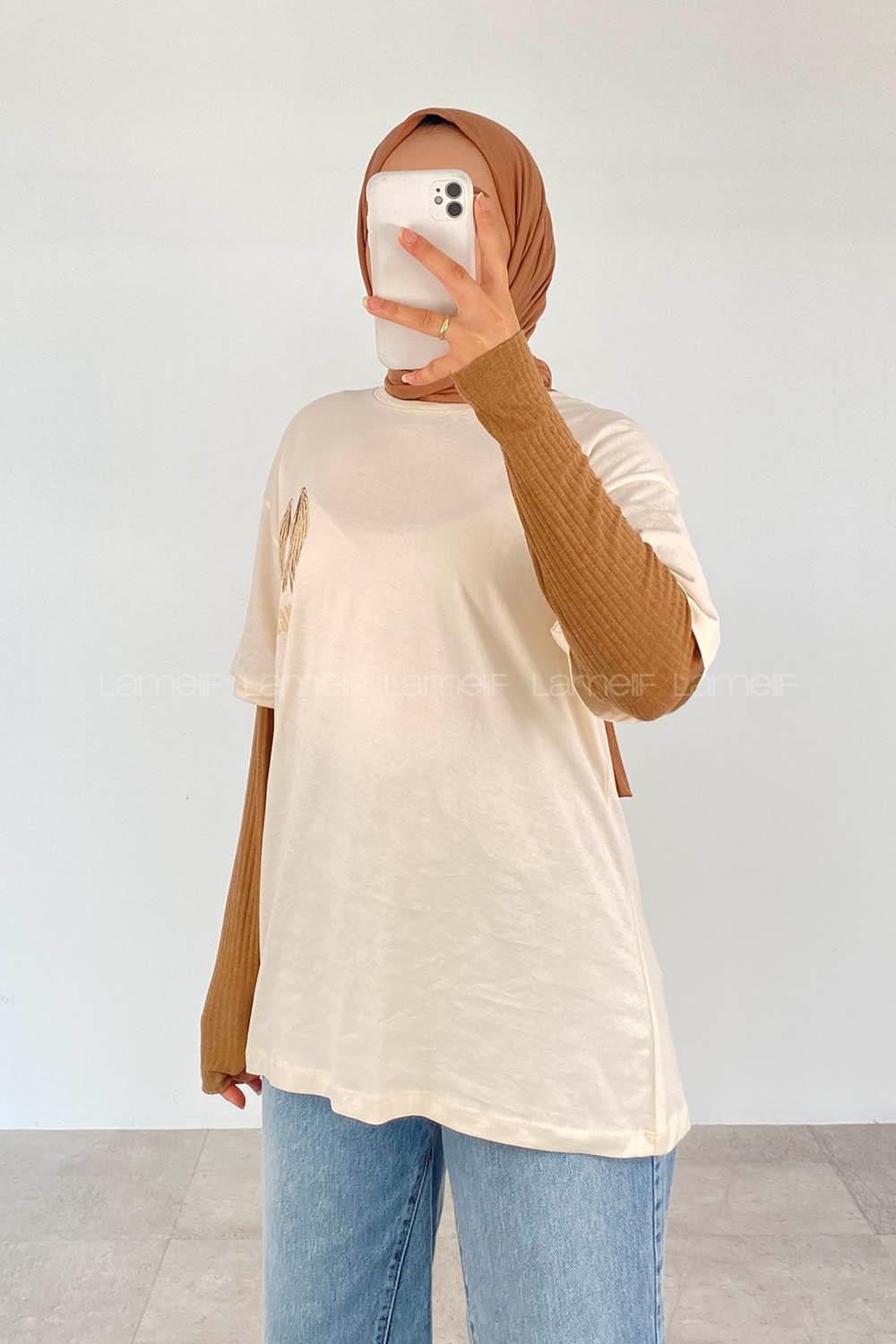 Cream Crew Neck Short Arm Cotton Printed T-shirt