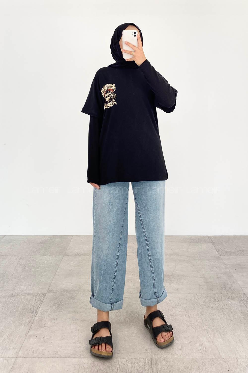 Black Crew Neck Short Arm Cotton Printed T-shirt