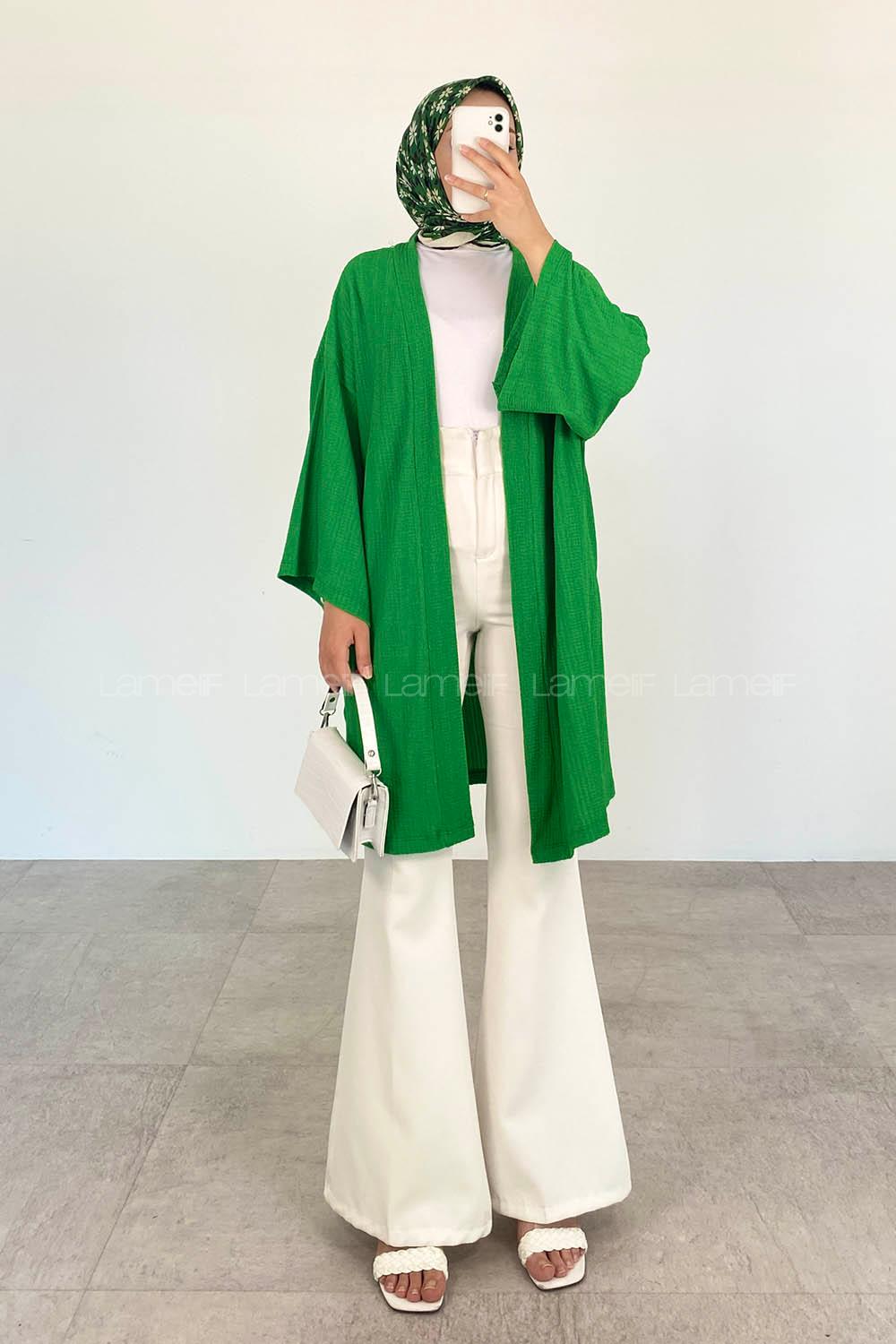 Green-1 Half Arm Arm Without Accessories Cotton Straight Kimono