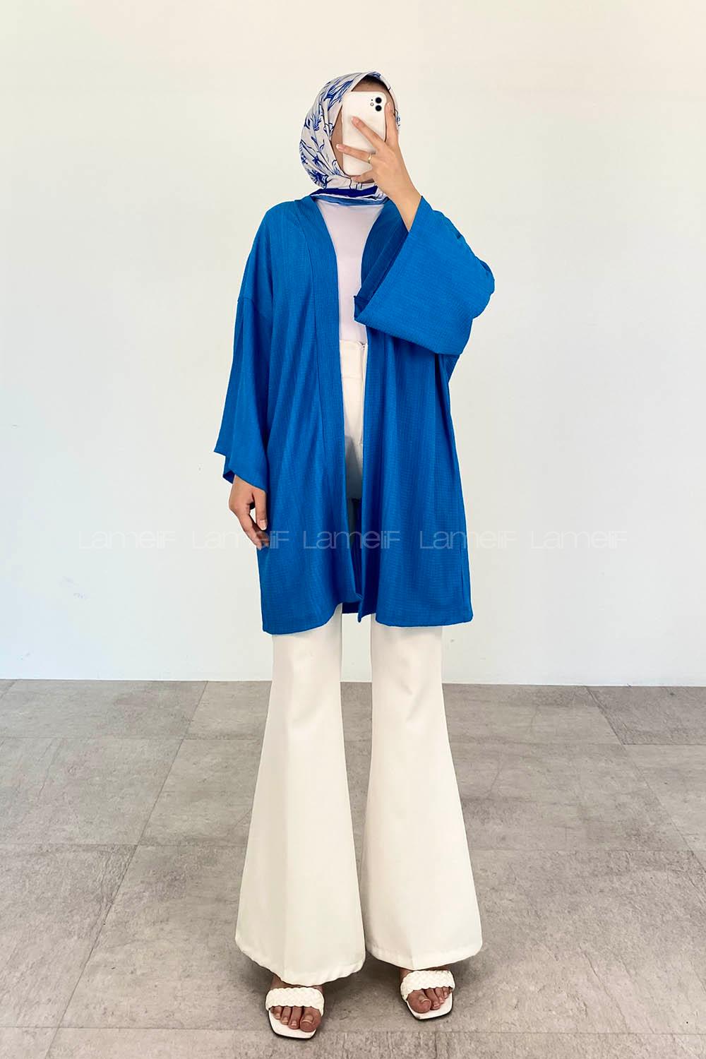 Blue Half Arm Arm Without Accessories Cotton Straight Kimono