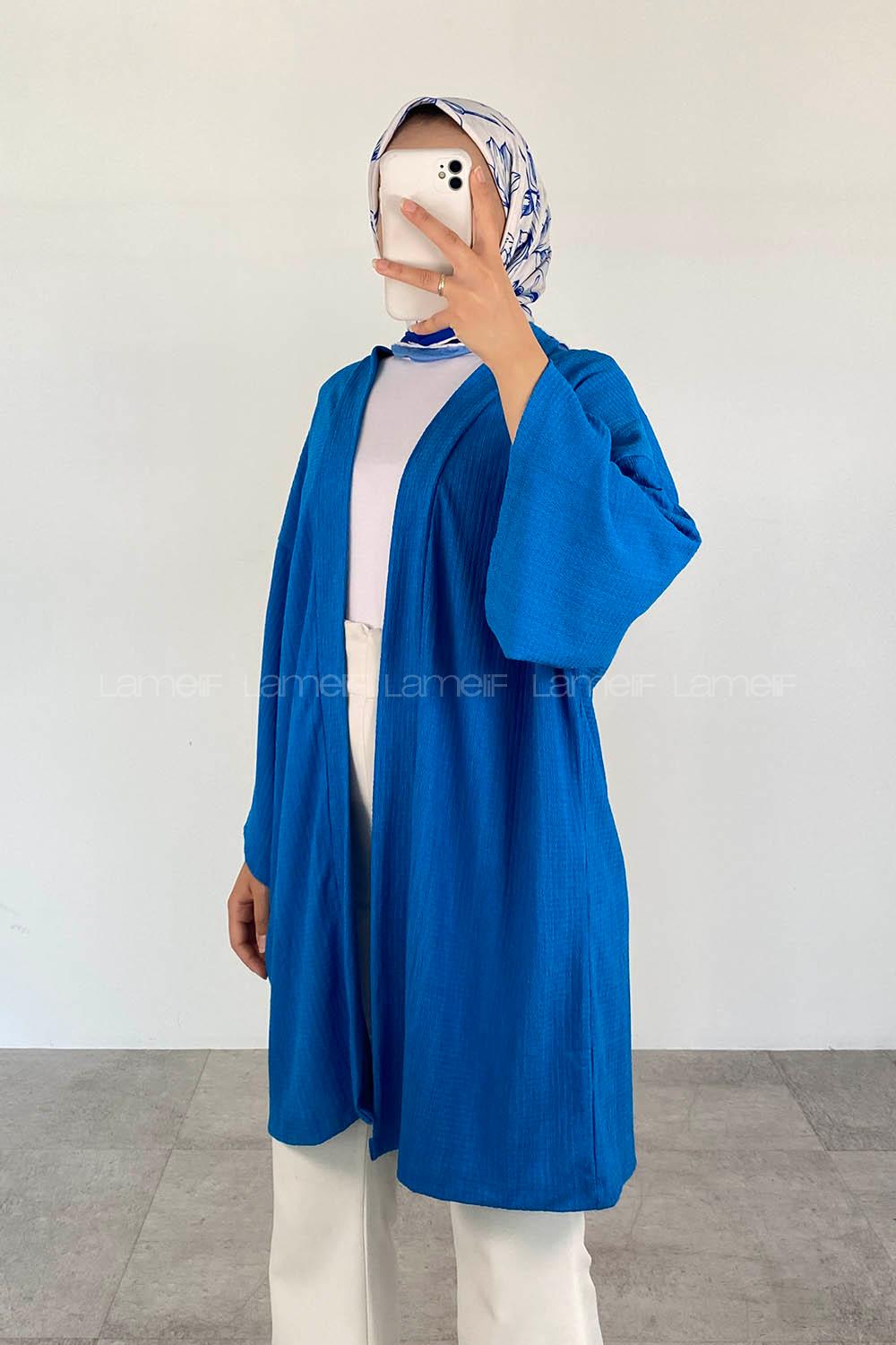 Blue Half Arm Arm Without Accessories Cotton Straight Kimono