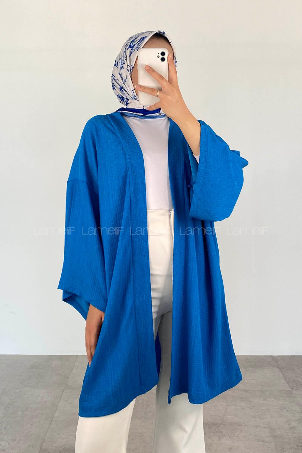 Blue Half Arm Arm Without Accessories Cotton Straight Kimono