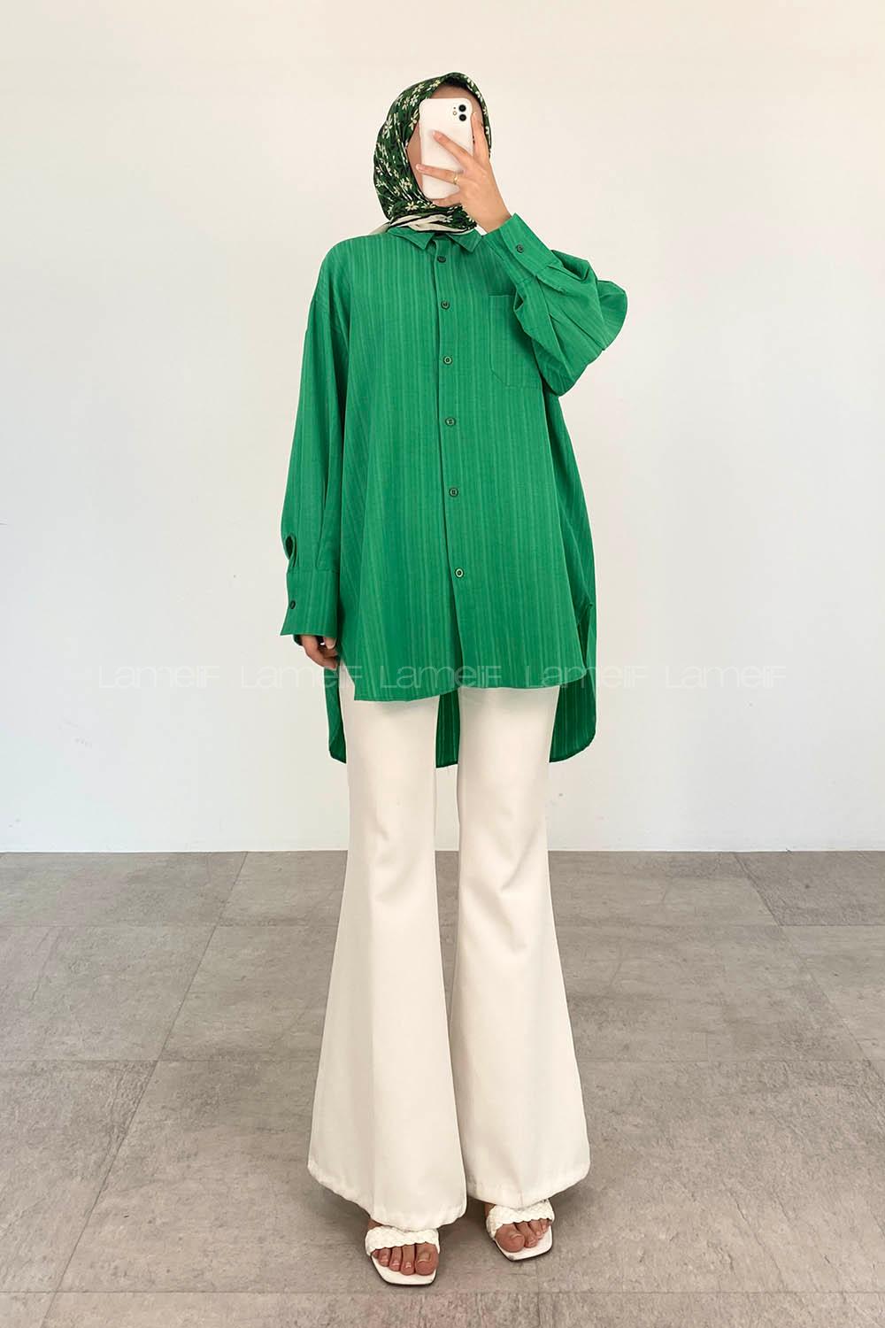 Green Shirt Collar Long Arm Cotton Unprinted Shirt