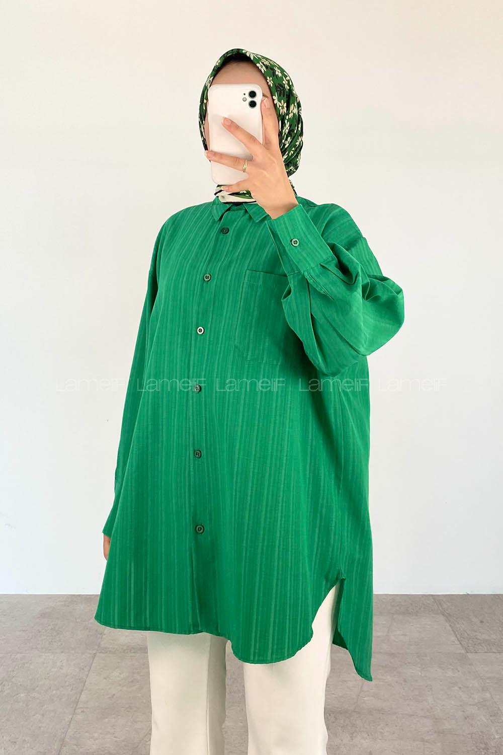 Green Shirt Collar Long Arm Cotton Unprinted Shirt