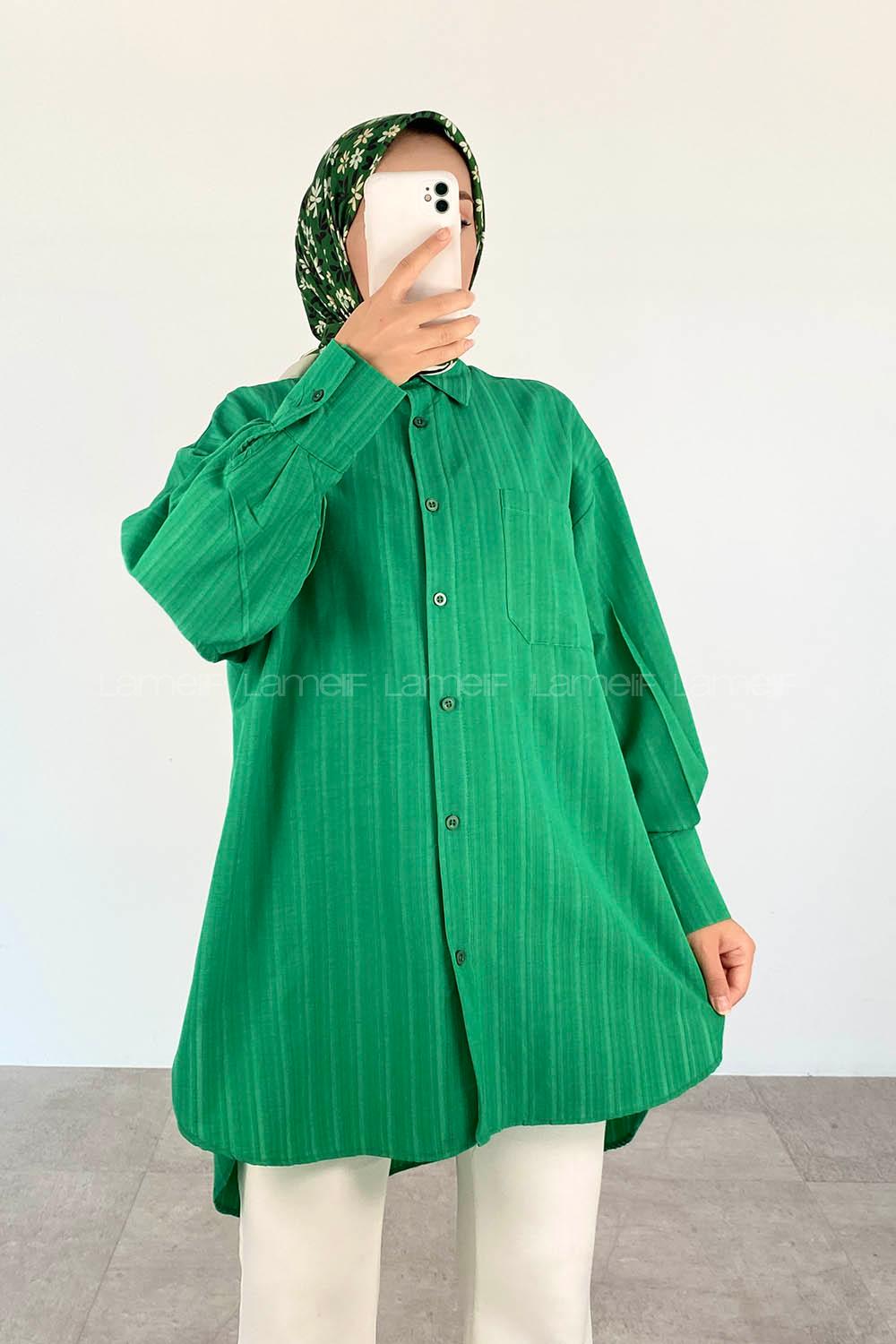 Green Shirt Collar Long Arm Cotton Unprinted Shirt