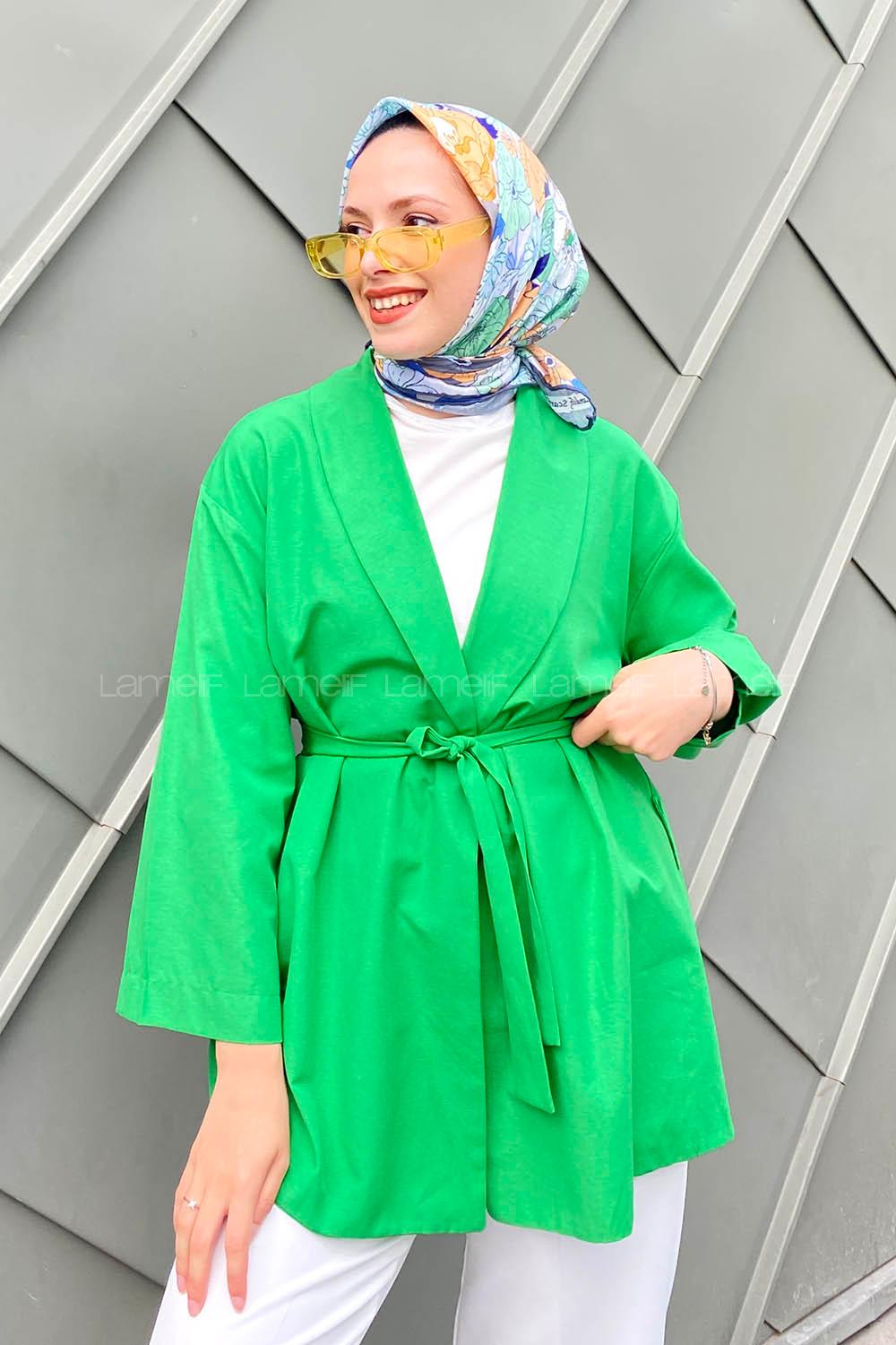 Modalamelif Şal Yaka Düz Renk Beli Kuşaklı Kimono Yeşil