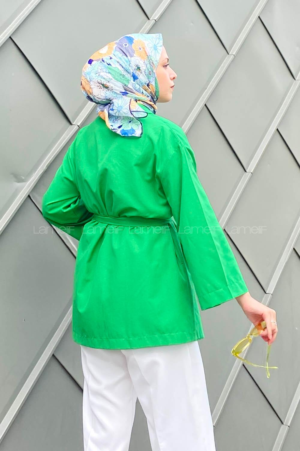 Modalamelif Şal Yaka Düz Renk Beli Kuşaklı Kimono Yeşil