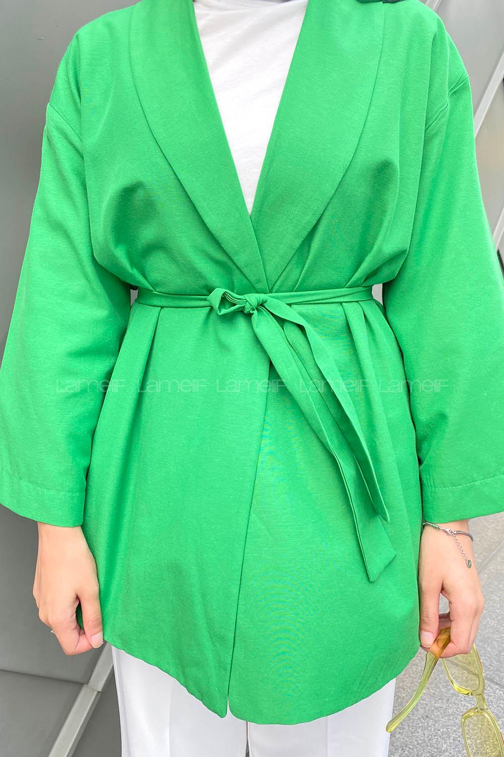 Modalamelif Şal Yaka Düz Renk Beli Kuşaklı Kimono Yeşil