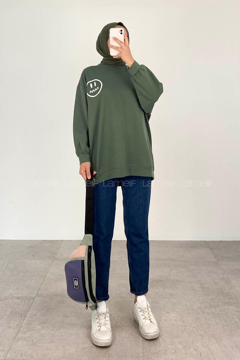 Khaki Mock Turtle Neck Balloon Sleeve Arm Printed Sweatshirt