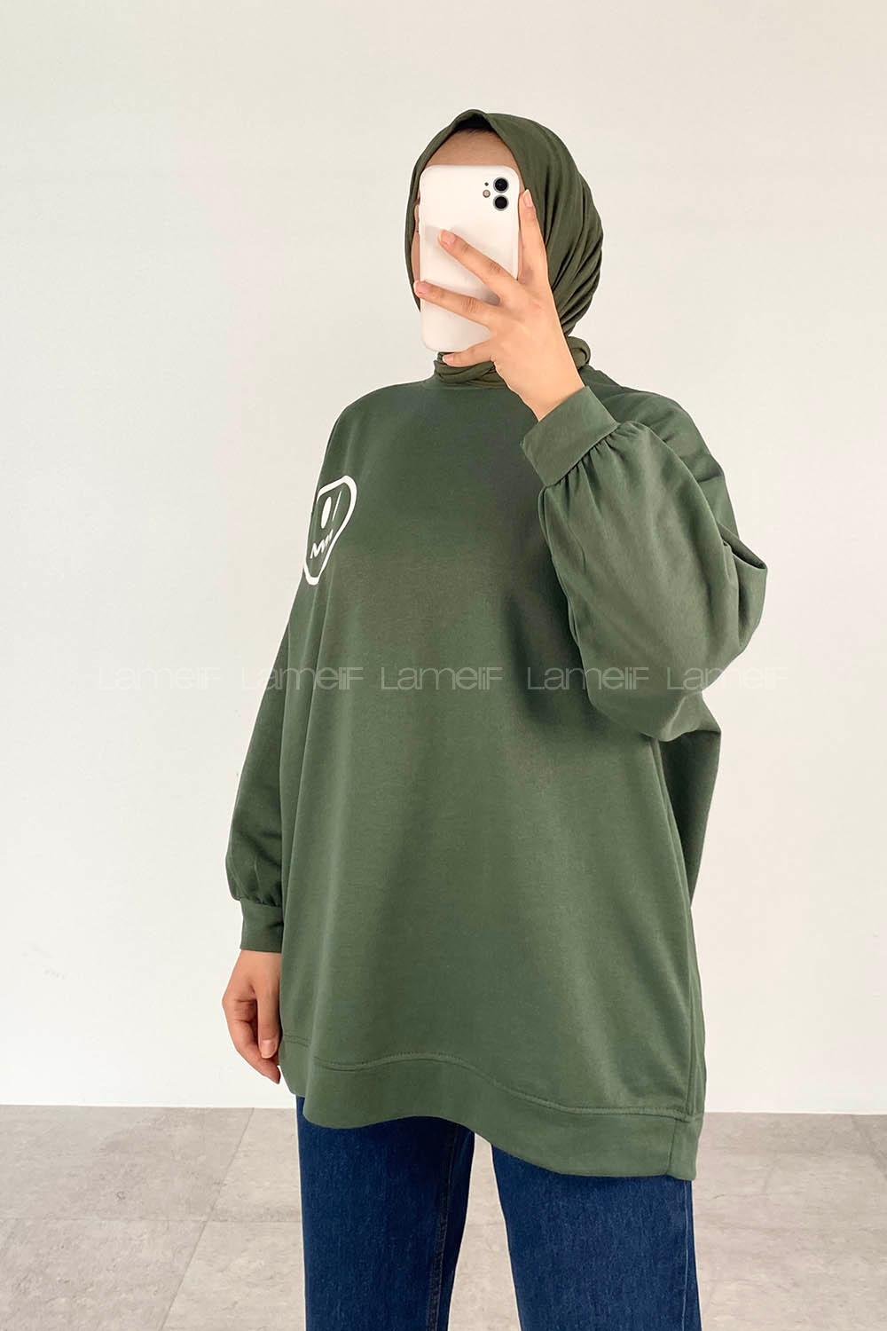 Khaki Mock Turtle Neck Balloon Sleeve Arm Printed Sweatshirt