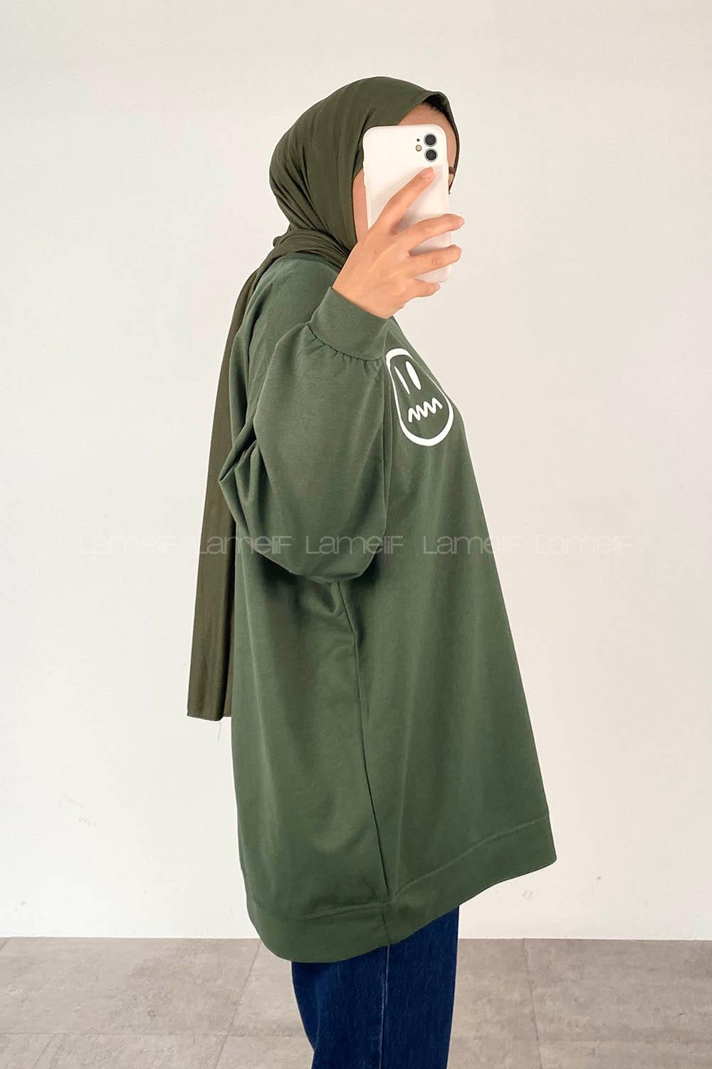 Khaki Mock Turtle Neck Balloon Sleeve Arm Printed Sweatshirt