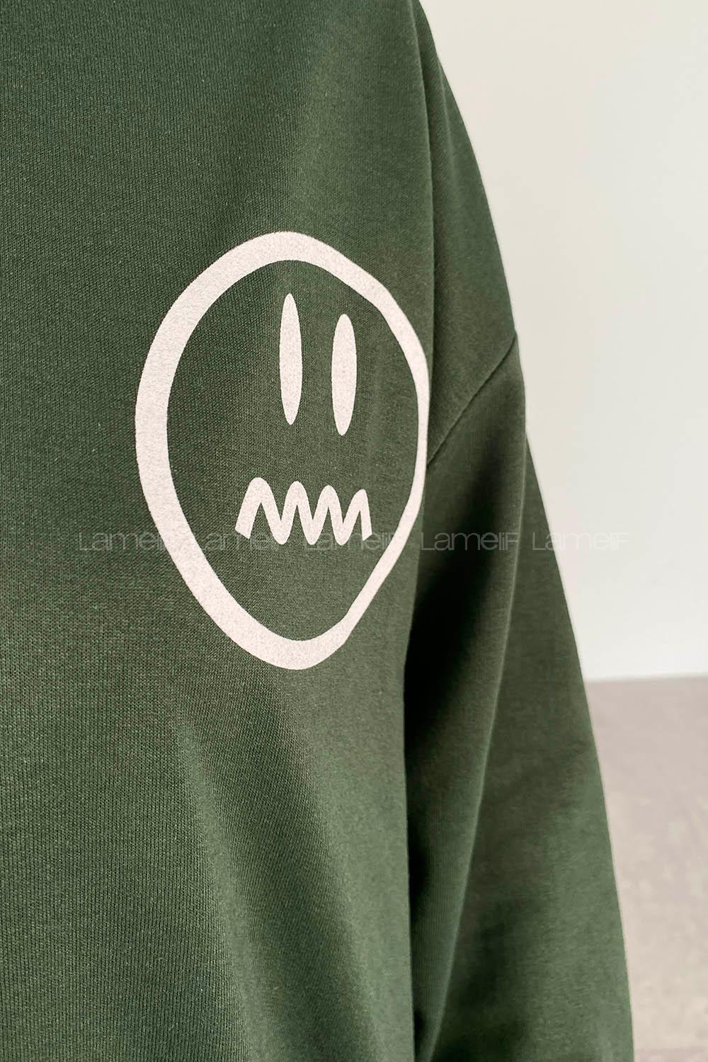 Khaki Mock Turtle Neck Balloon Sleeve Arm Printed Sweatshirt