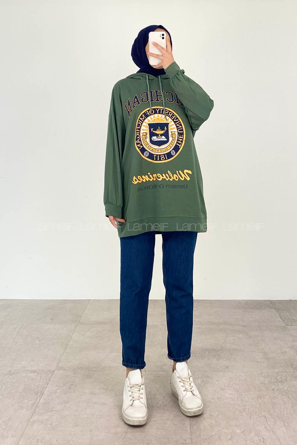 Khaki Hood Neck Half Arm Arm Unprinted Sweatshirt