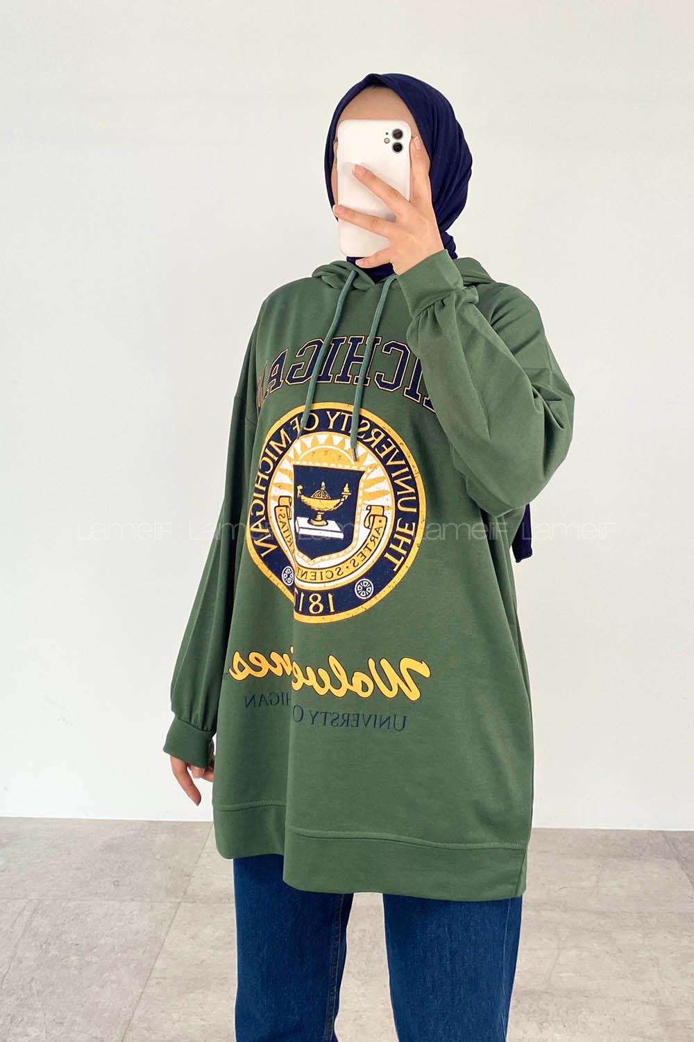 Khaki Hood Neck Half Arm Arm Unprinted Sweatshirt