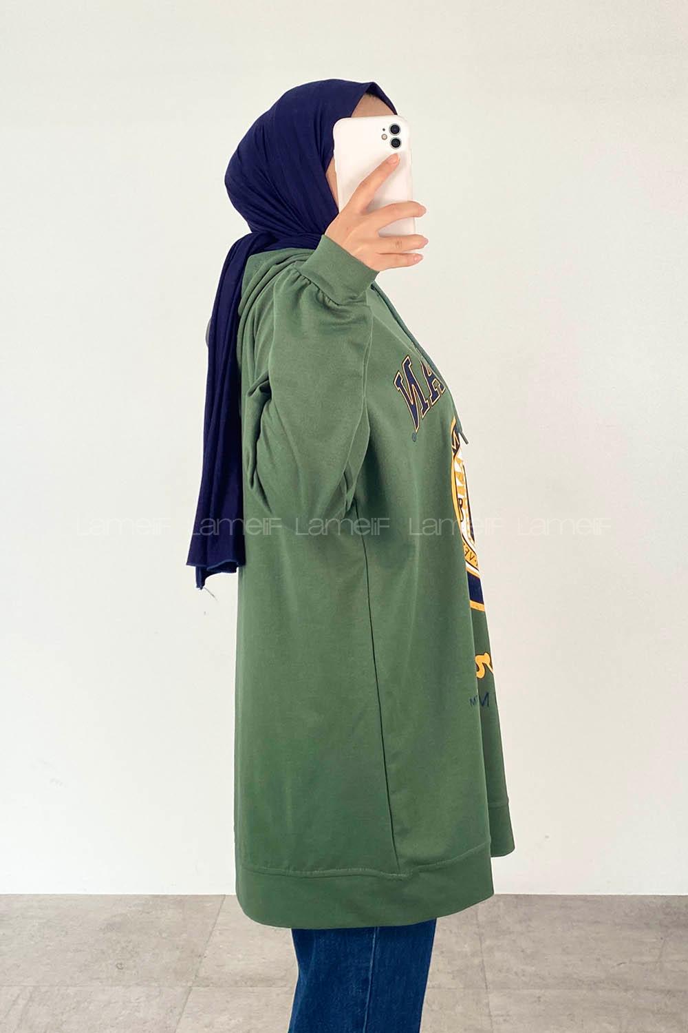 Khaki Hood Neck Half Arm Arm Unprinted Sweatshirt