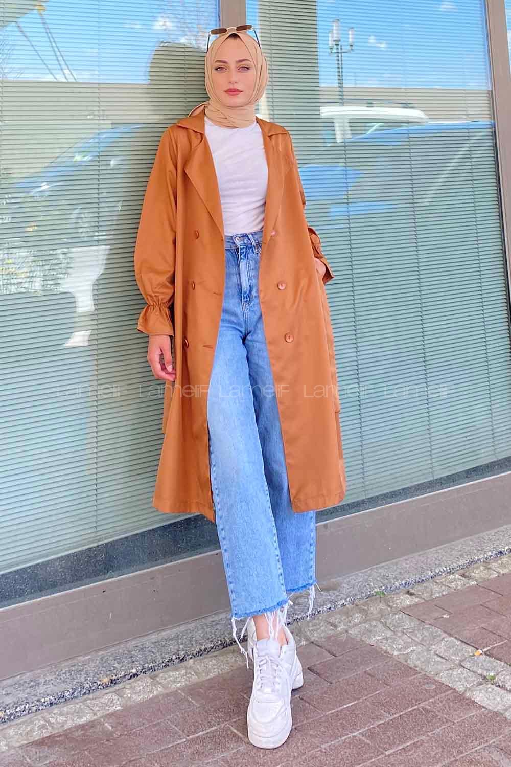 Modalamelif Beli Kuşak Bağlamalı Düğme Detaylı Trenç Taba