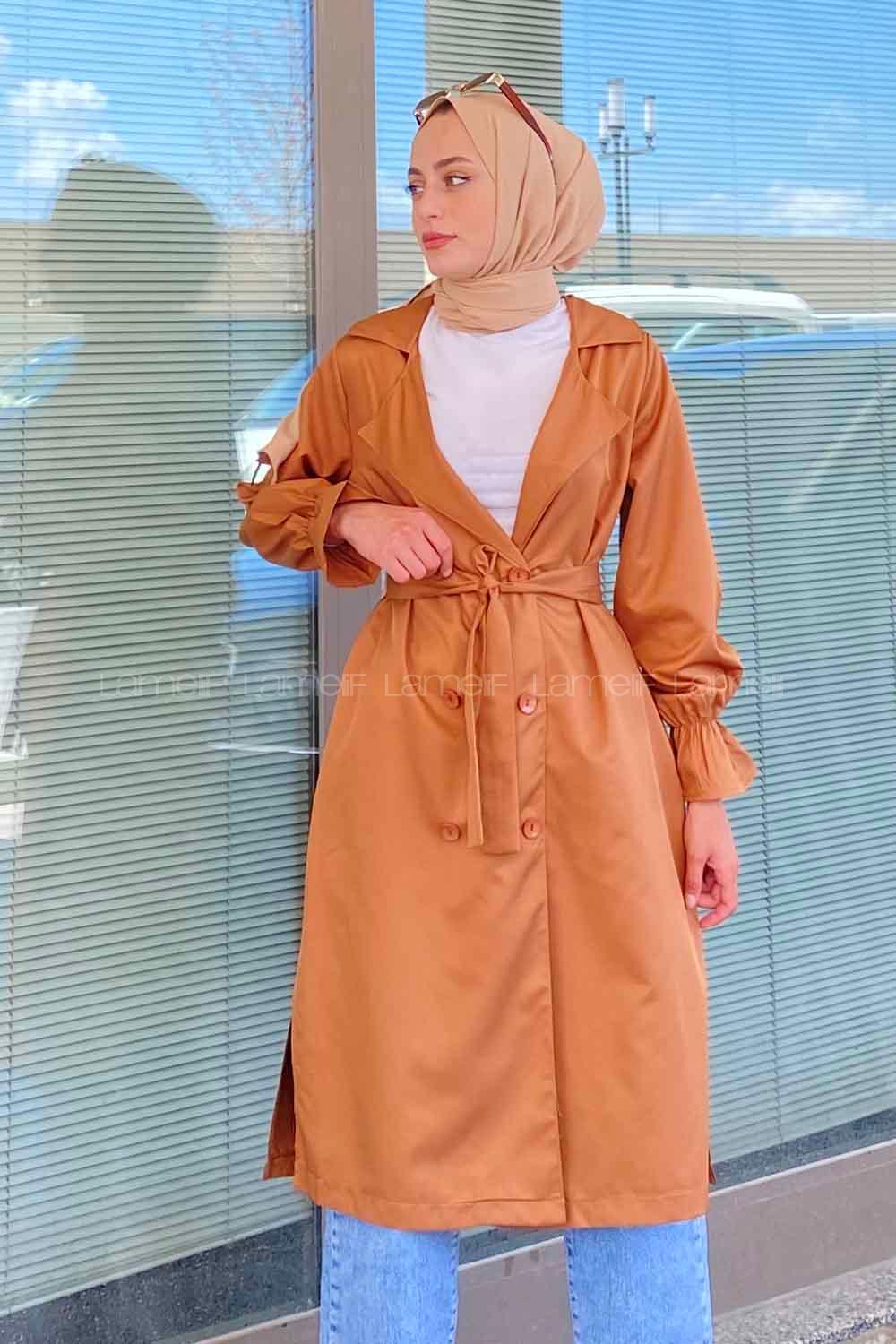 Modalamelif Beli Kuşak Bağlamalı Düğme Detaylı Trenç Taba