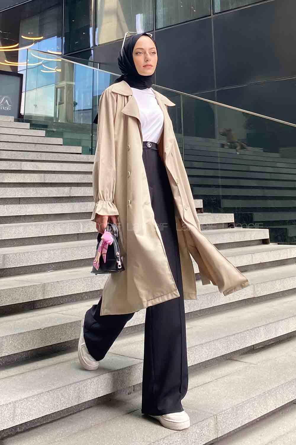 Stone Long Arm Belted Buttoned Viscose Fabric Trench Coat