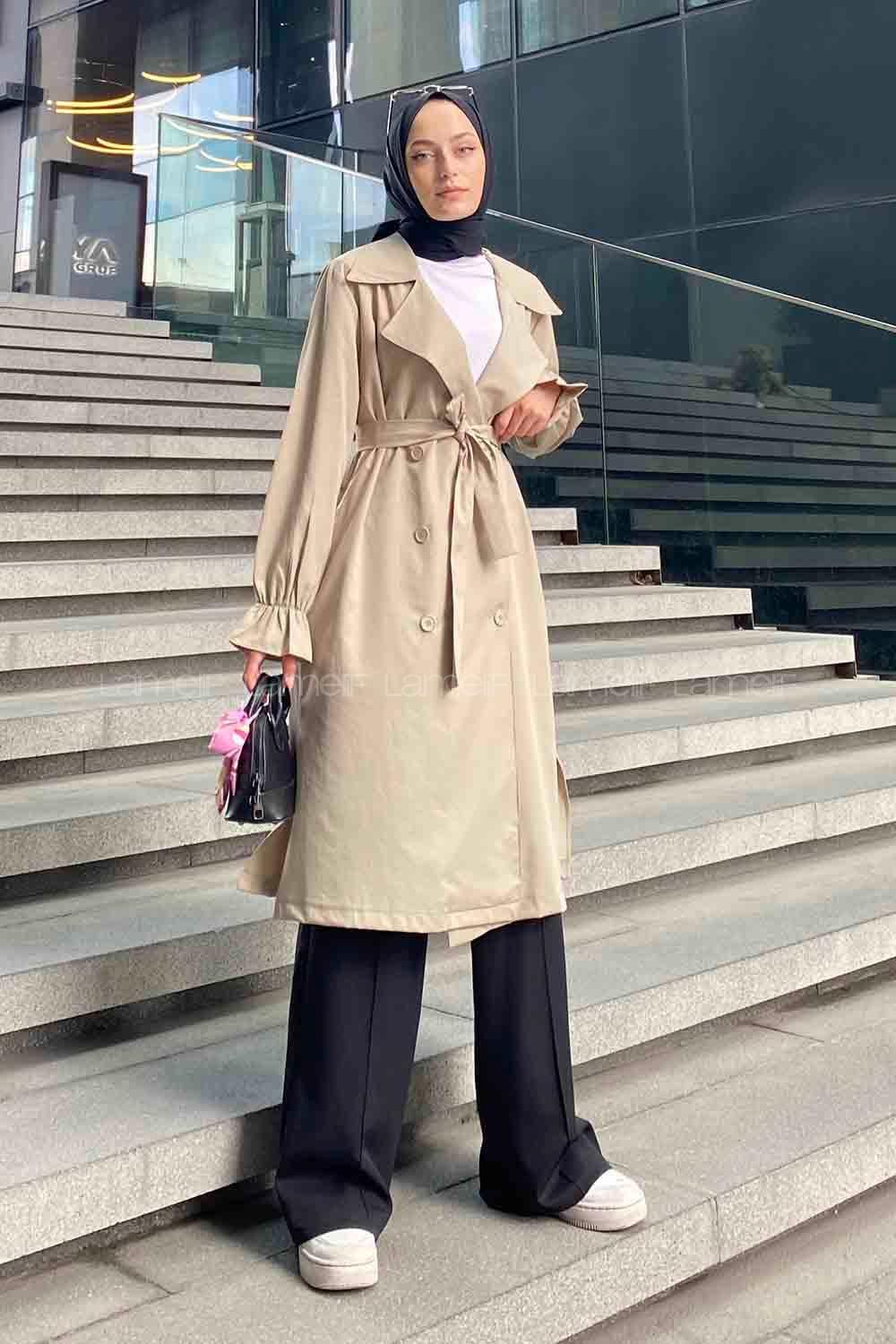 Stone Long Arm Belted Buttoned Viscose Fabric Trench Coat
