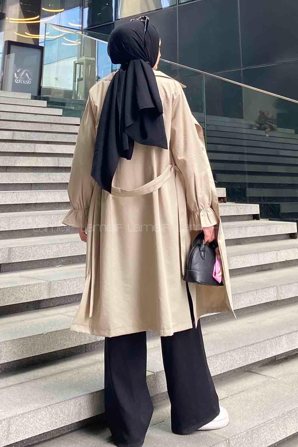 Stone Long Arm Belted Buttoned Viscose Fabric Trench Coat