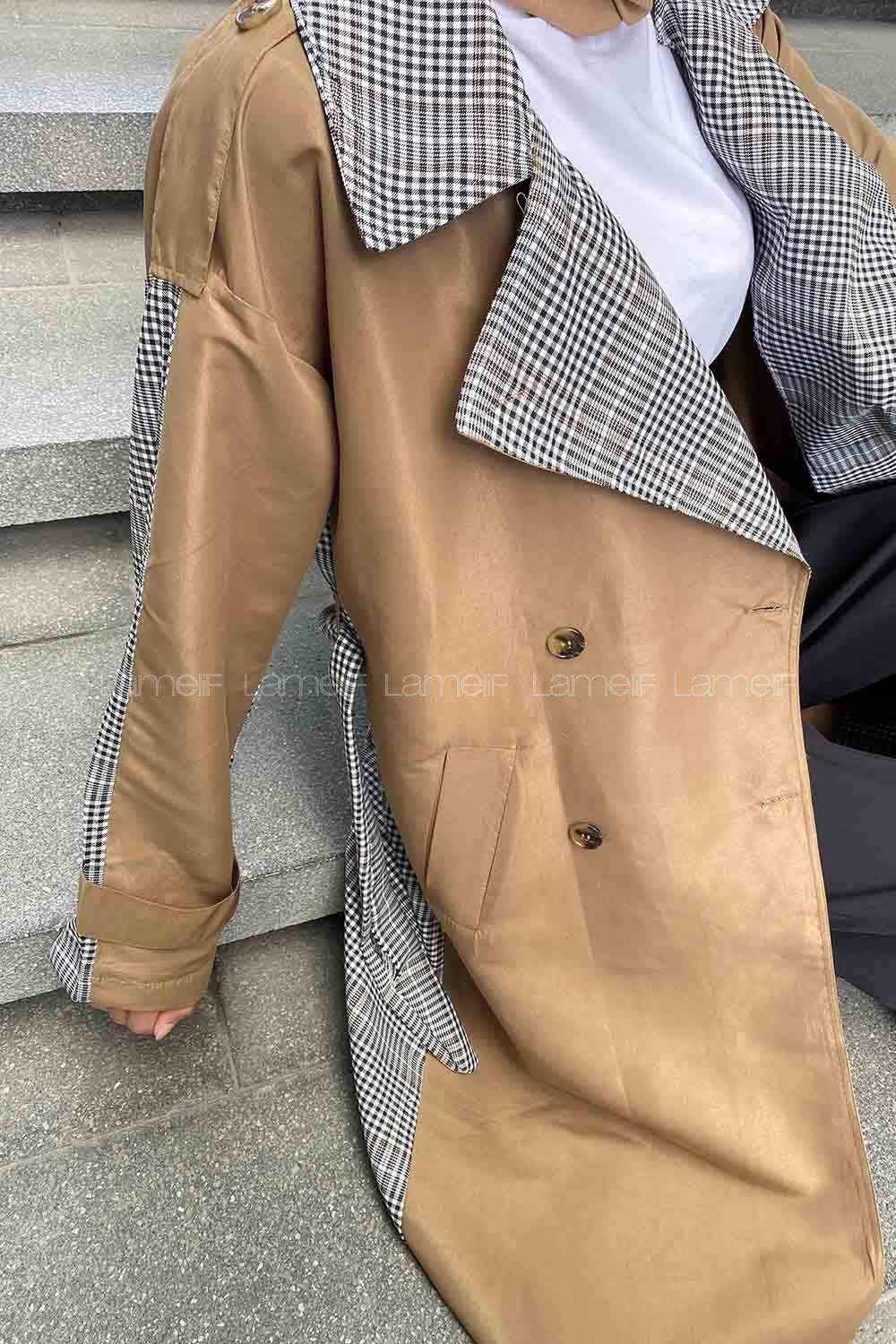 Camel Long Arm Buttoned Cotton Trench Coat