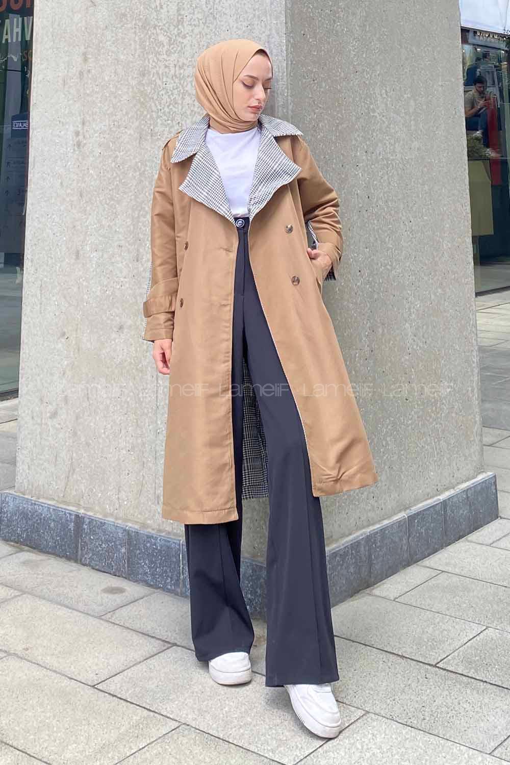 Camel Long Arm Buttoned Cotton Trench Coat