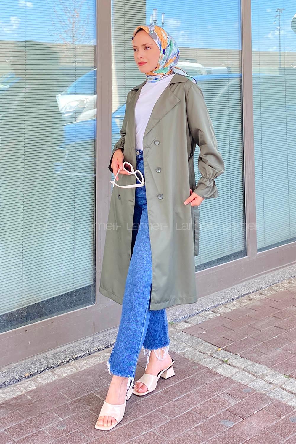 Modalamelif Beli Kuşak Bağlamalı Düğme Detaylı Trenç Haki