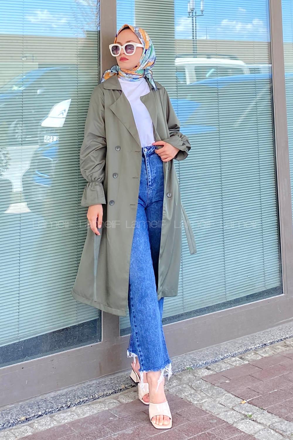 Modalamelif Beli Kuşak Bağlamalı Düğme Detaylı Trenç Haki