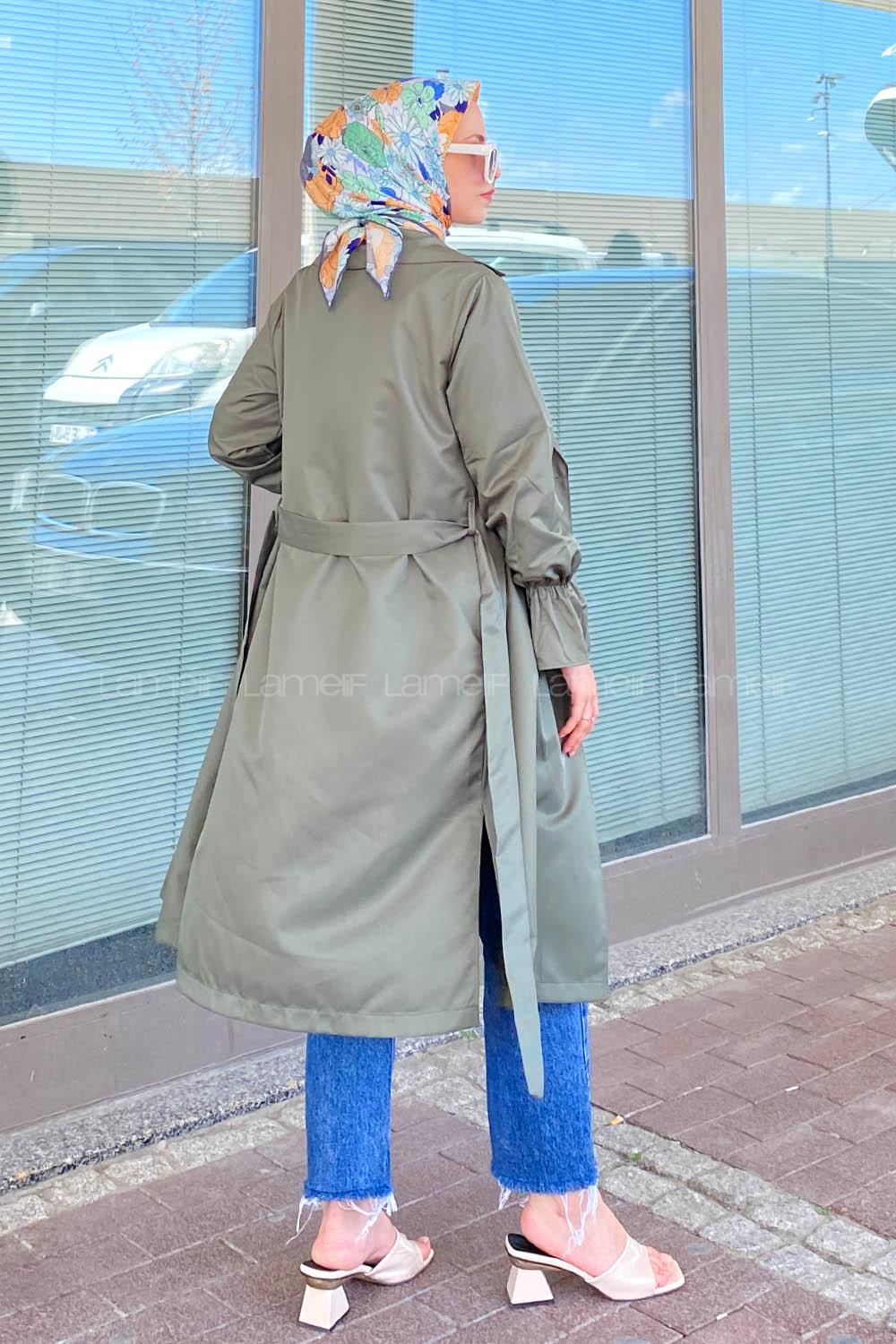 Modalamelif Beli Kuşak Bağlamalı Düğme Detaylı Trenç Haki