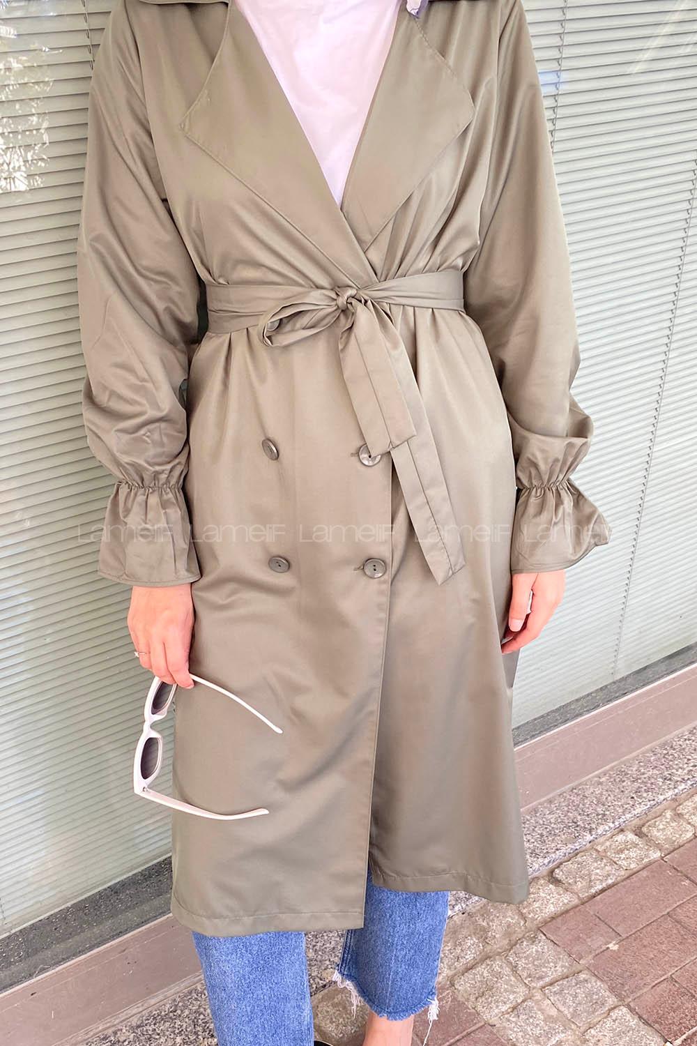 Modalamelif Beli Kuşak Bağlamalı Düğme Detaylı Trenç Haki