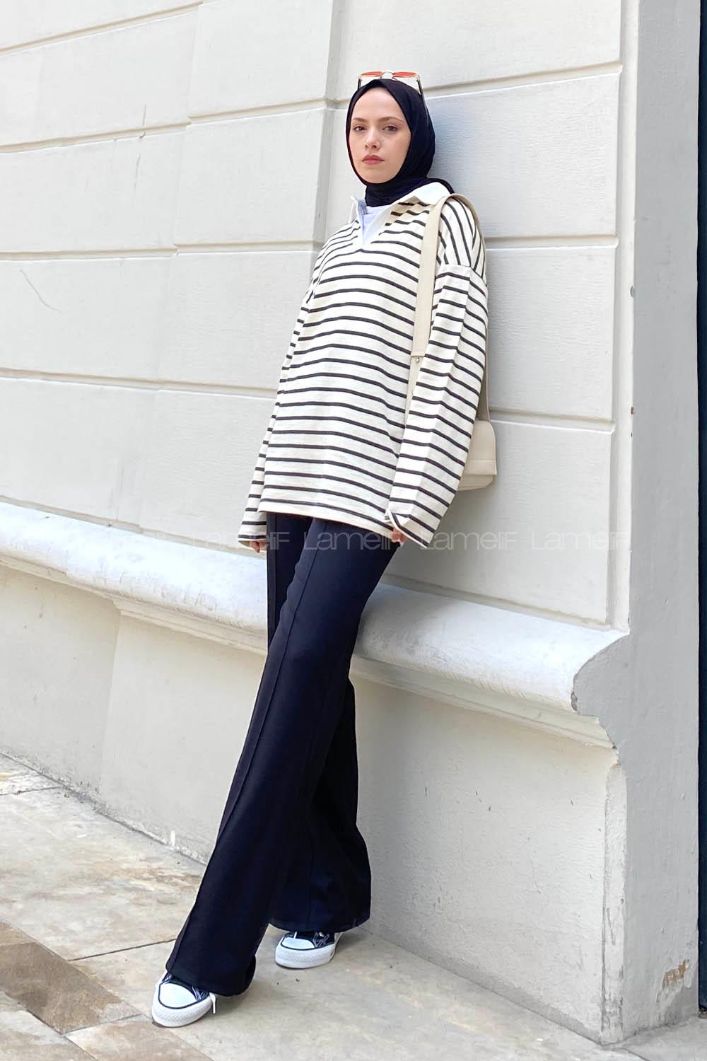 Ecru Black Shirt Collar Long Arm Unprinted Sweatshirt