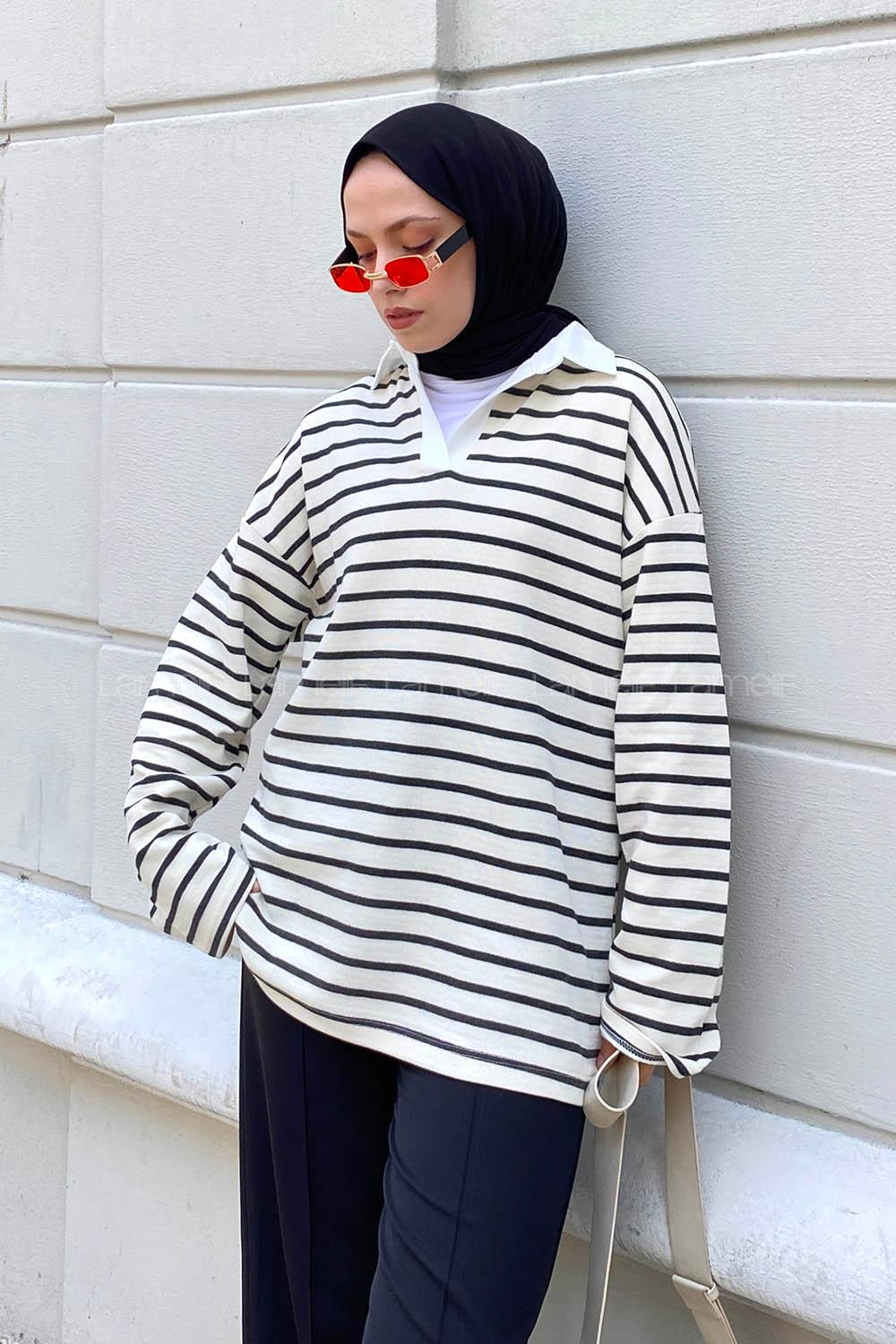 Ecru Black Shirt Collar Long Arm Unprinted Sweatshirt