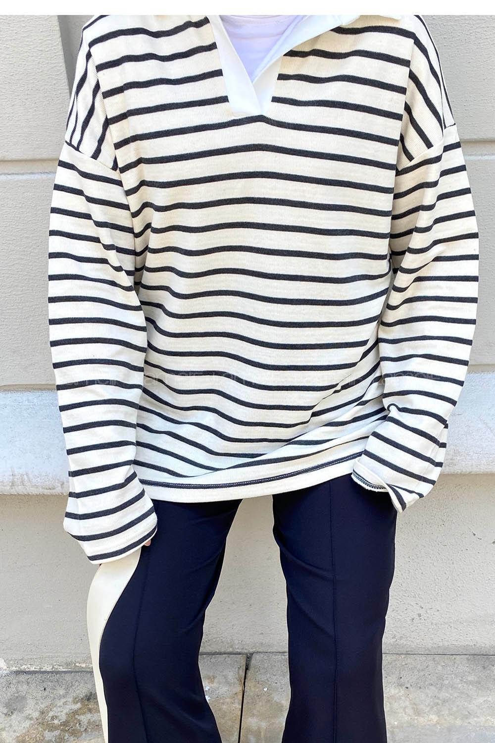 Ecru Black Shirt Collar Long Arm Unprinted Sweatshirt