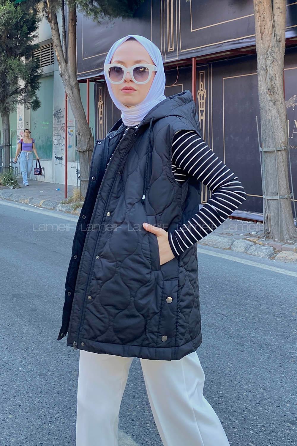 Modalamelif  Kapüşonlu Kapitone Yelek Siyah